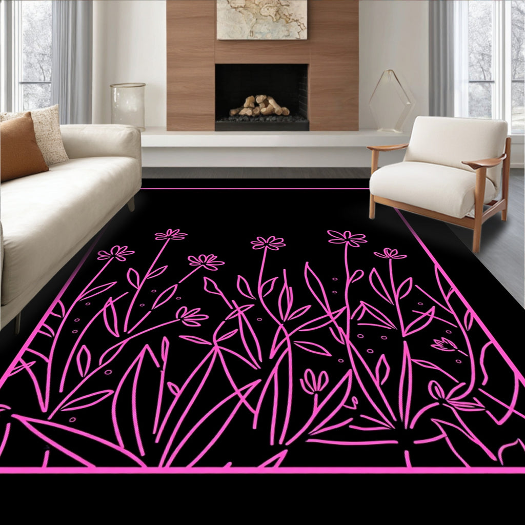 Pink Floral Outline On Black Rug