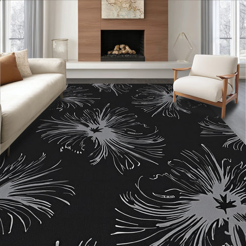 Abstract Gray Floral Black Pattern Rug