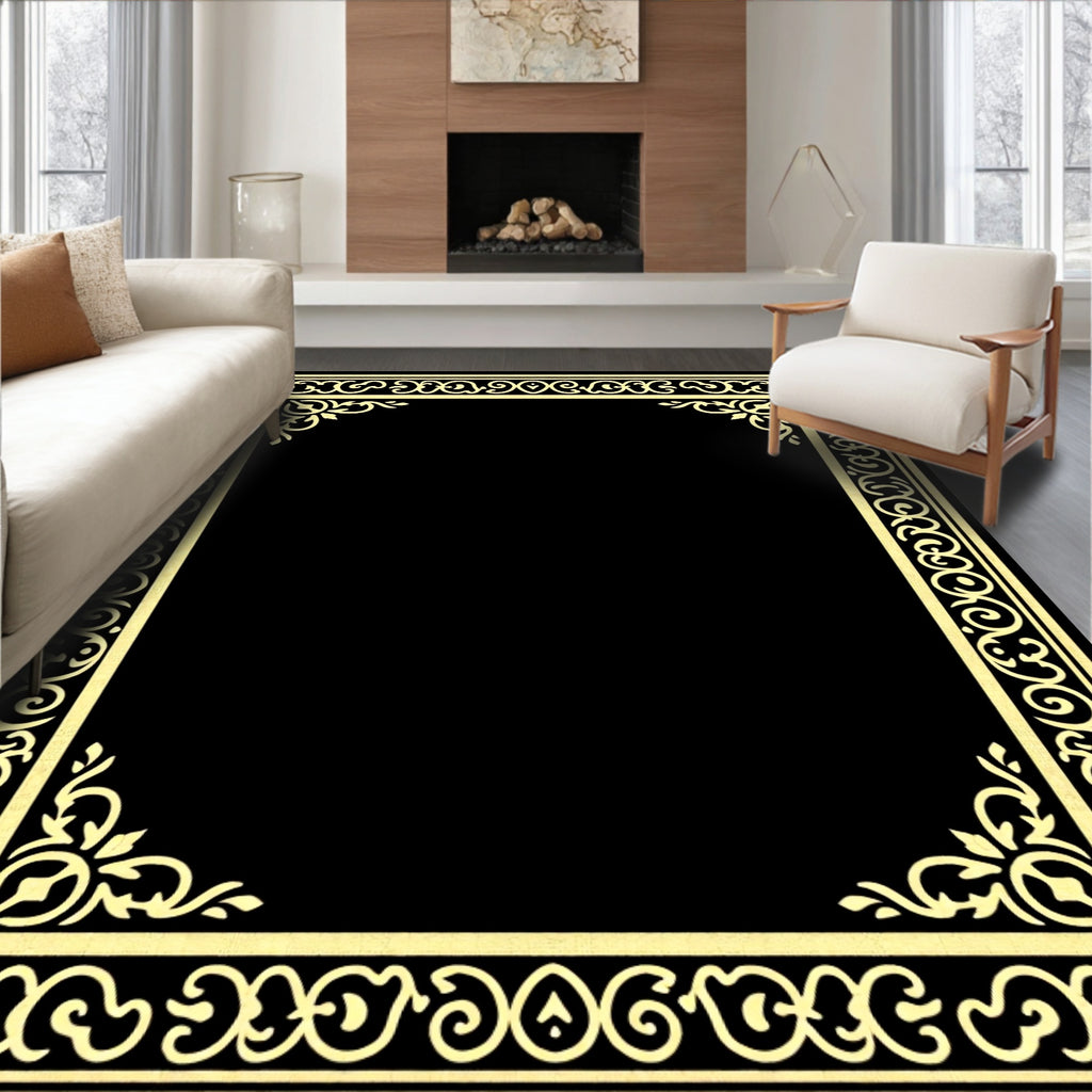 Ornate Golden Swirl Border Design Rug