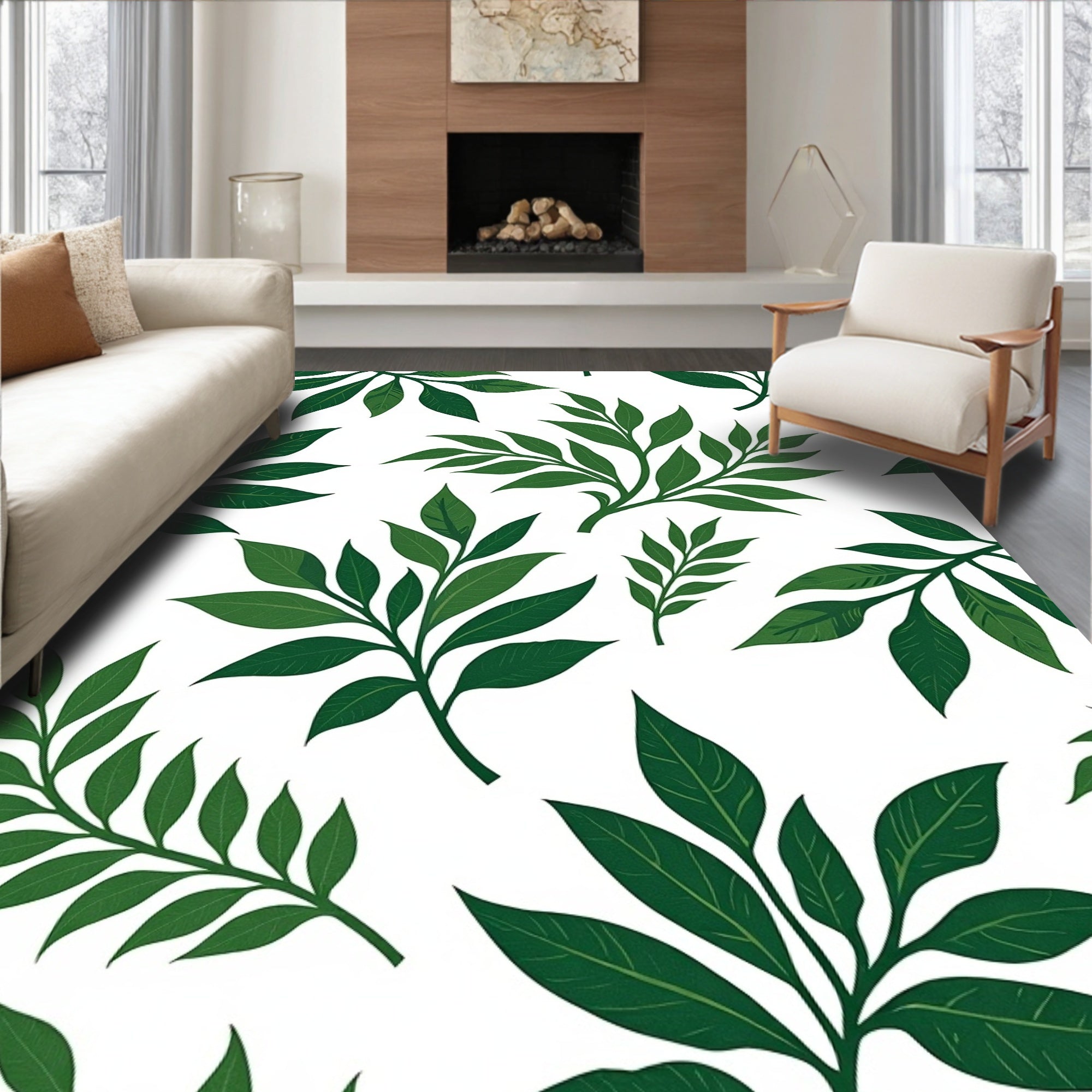 Lush Green Leaf Branch Pattern Rug