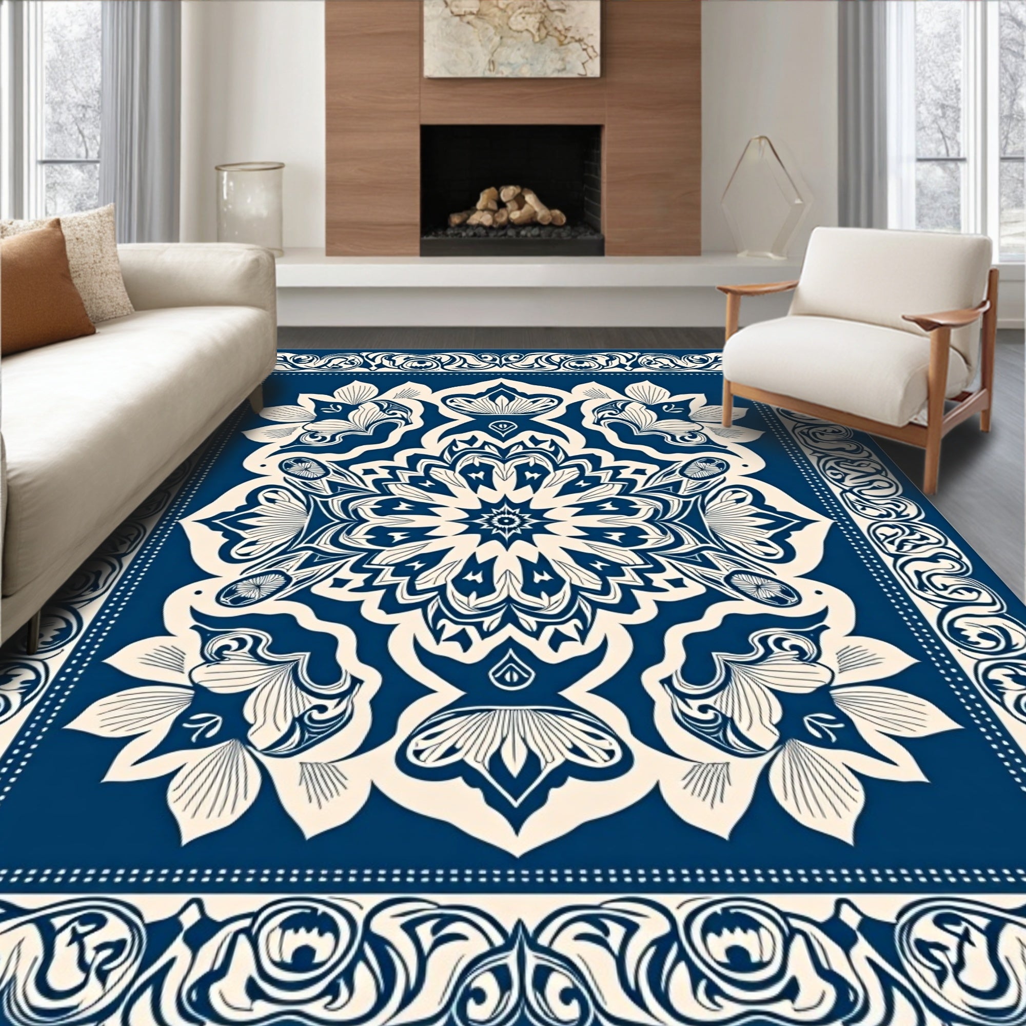 Deep Blue Floral Mandala Motif Rug