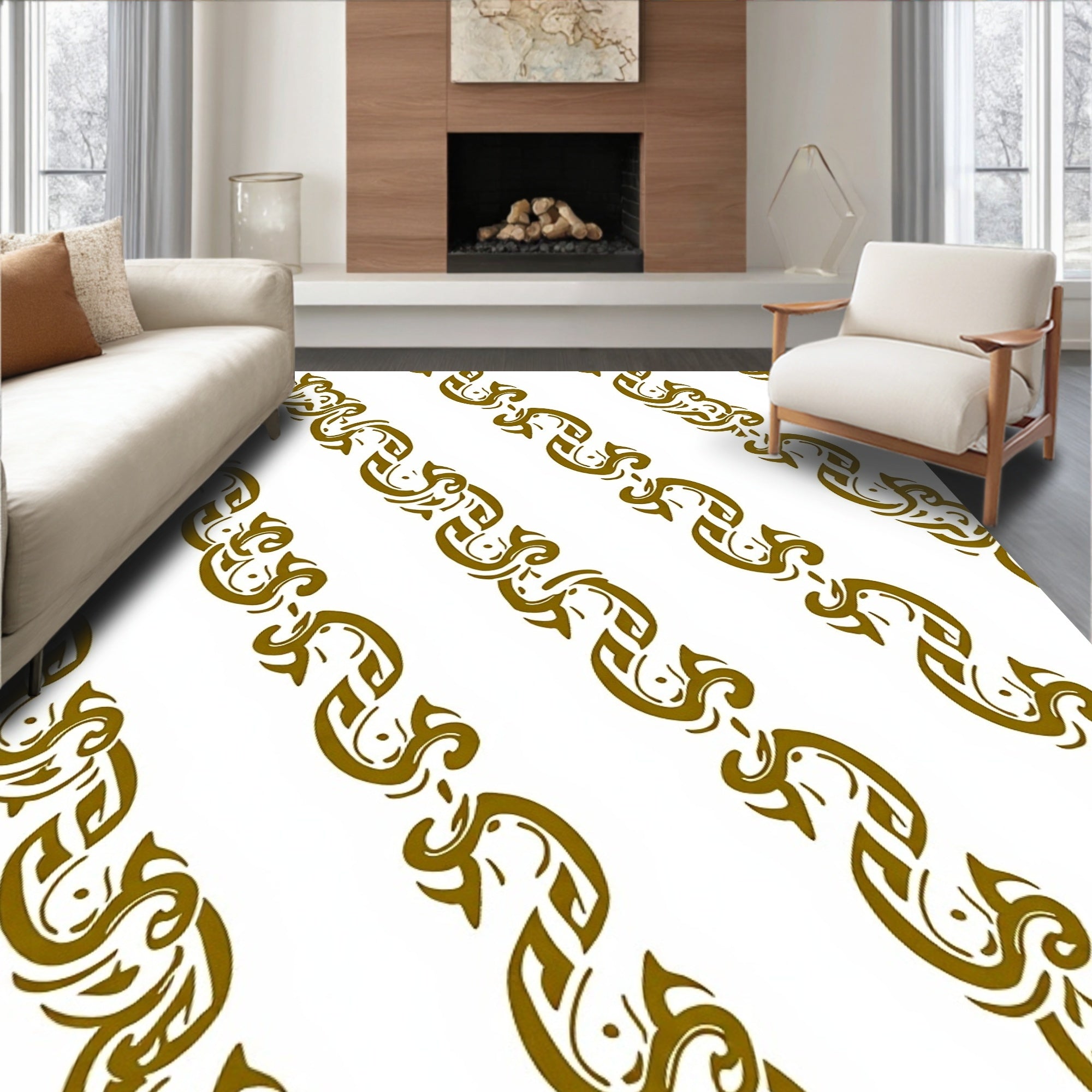 Ornate Gold Scrolling Vine Pattern Rug