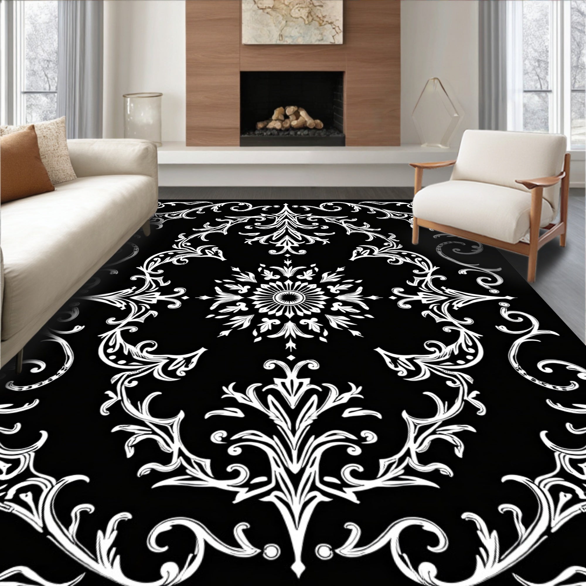 White Ornate Floral Scrollwork Rug