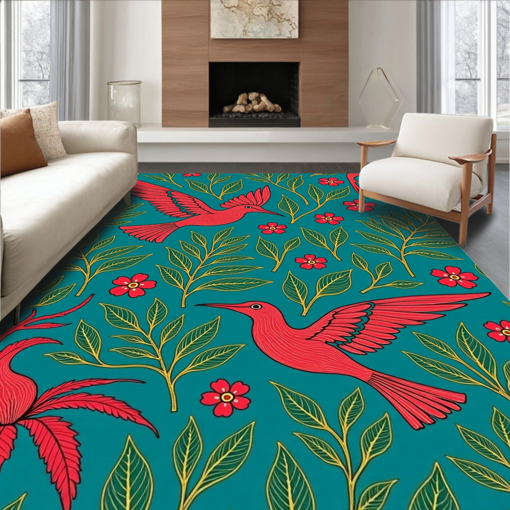 Red Humminbirds Floral Teal Pattern Rug