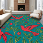 Red Humminbirds Floral Teal Pattern Rug