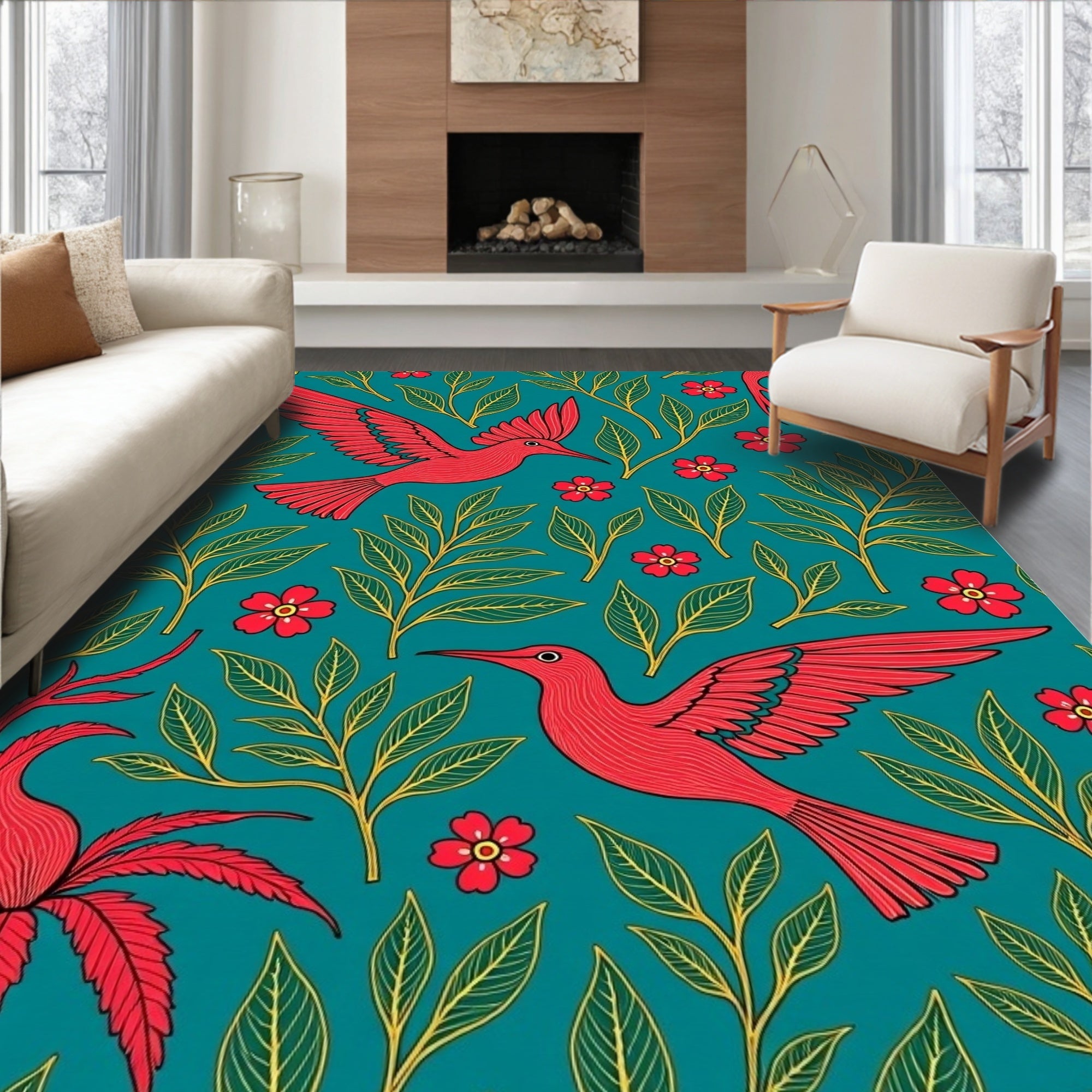 Red Humminbirds Floral Teal Pattern Rug