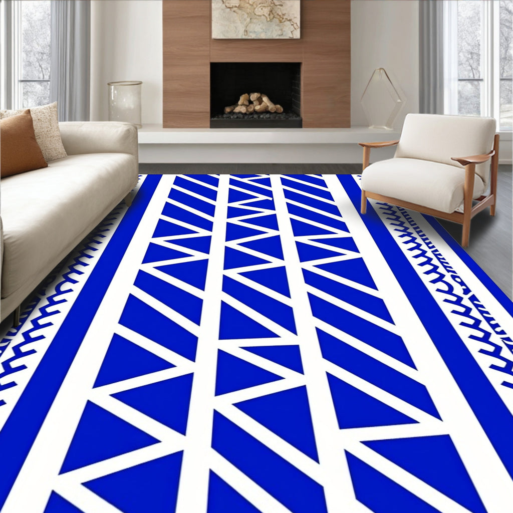 Bold Blue Geometric Tribal Pattern Rug