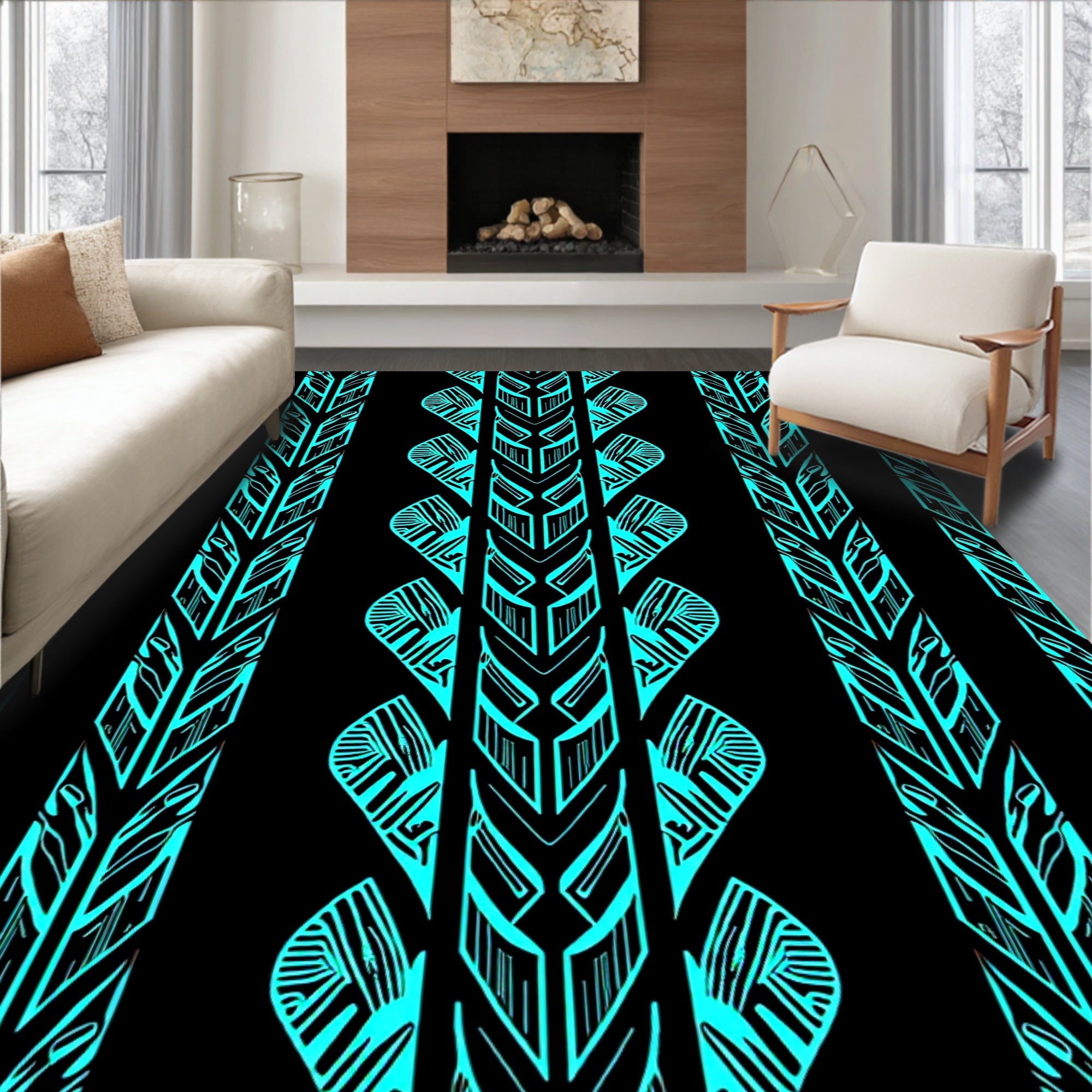 Bold Teal Tribal Stripe Pattern Rug