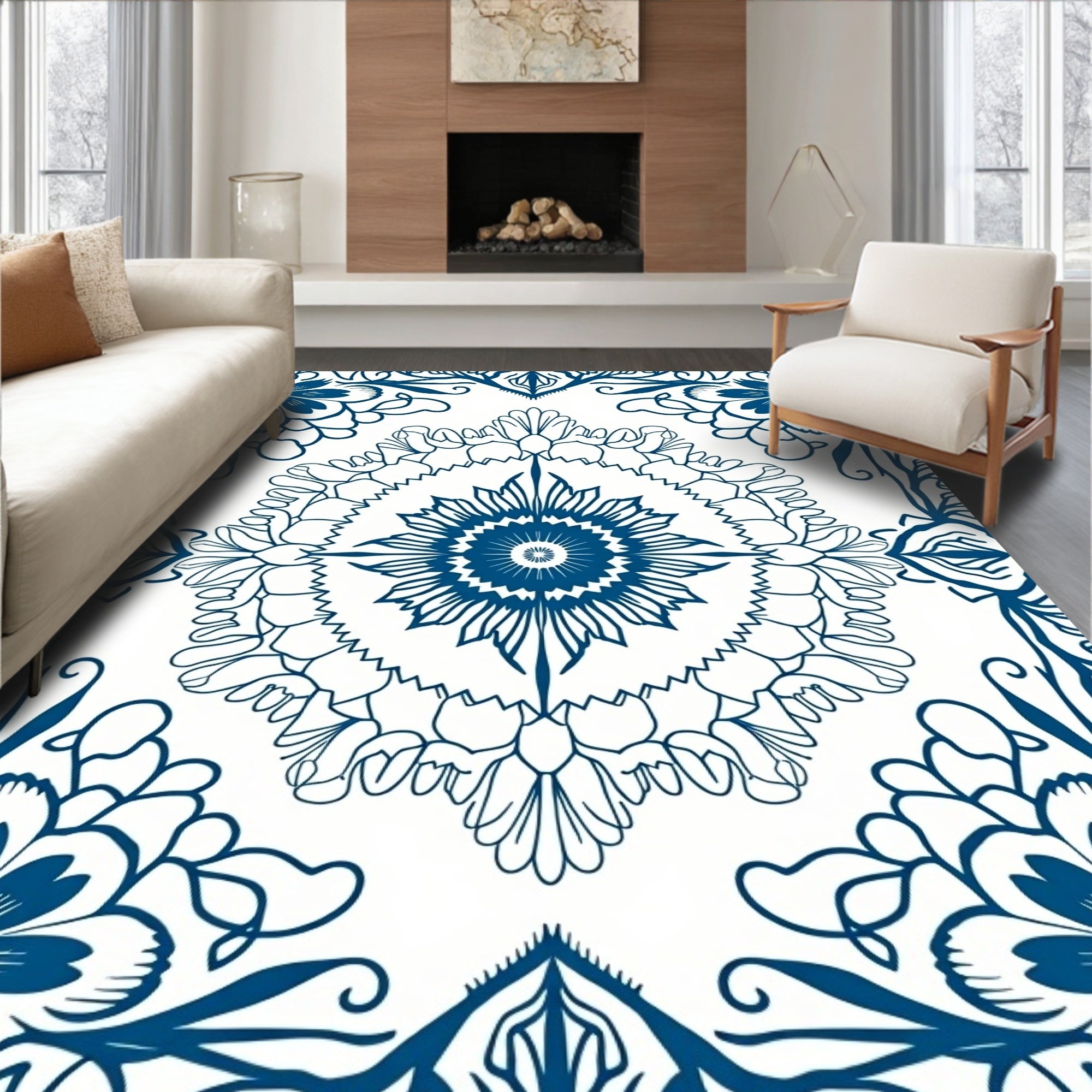 Intricate Blue Floral Mandala Design Rug