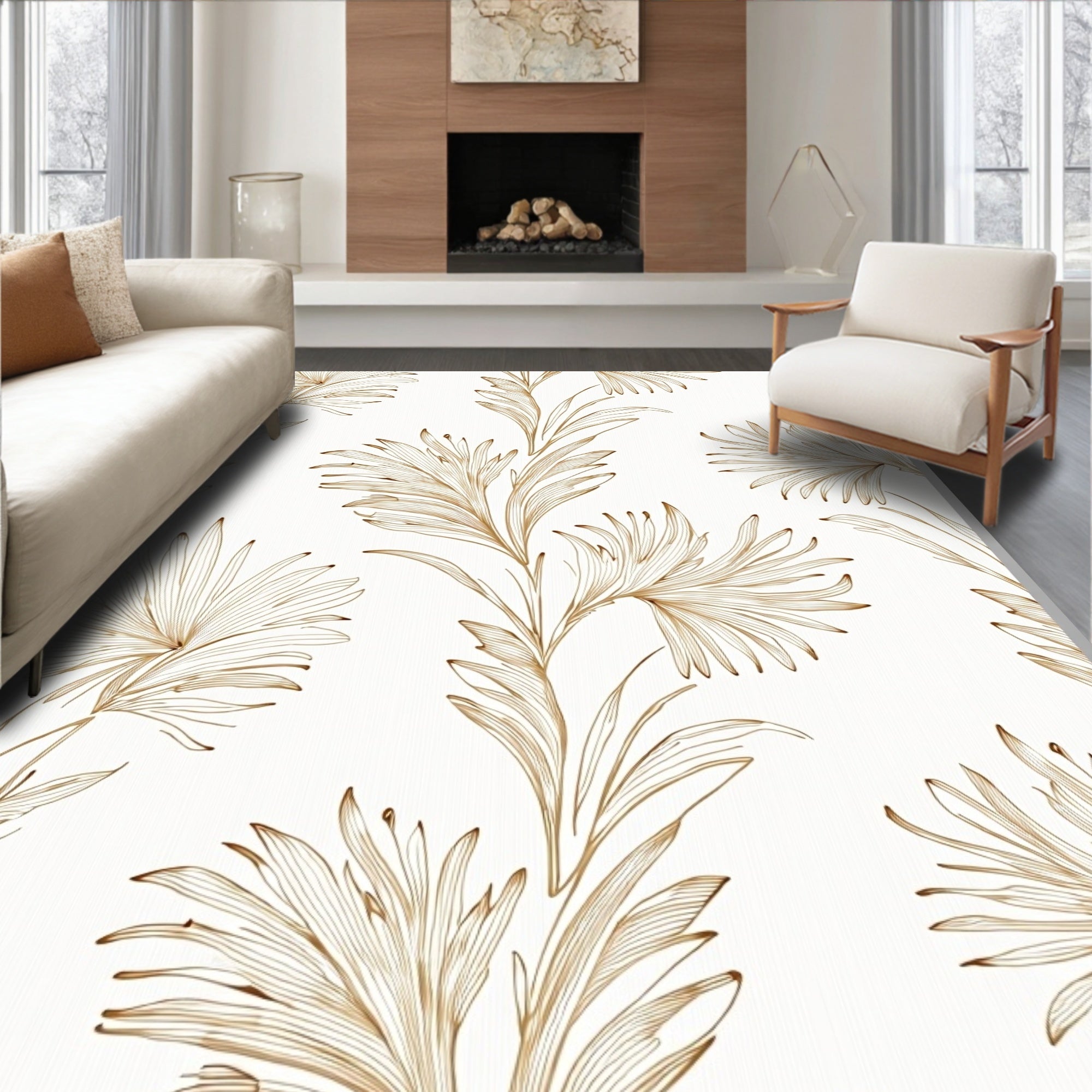 Gold Line Art Tropical Leaf Design Rug