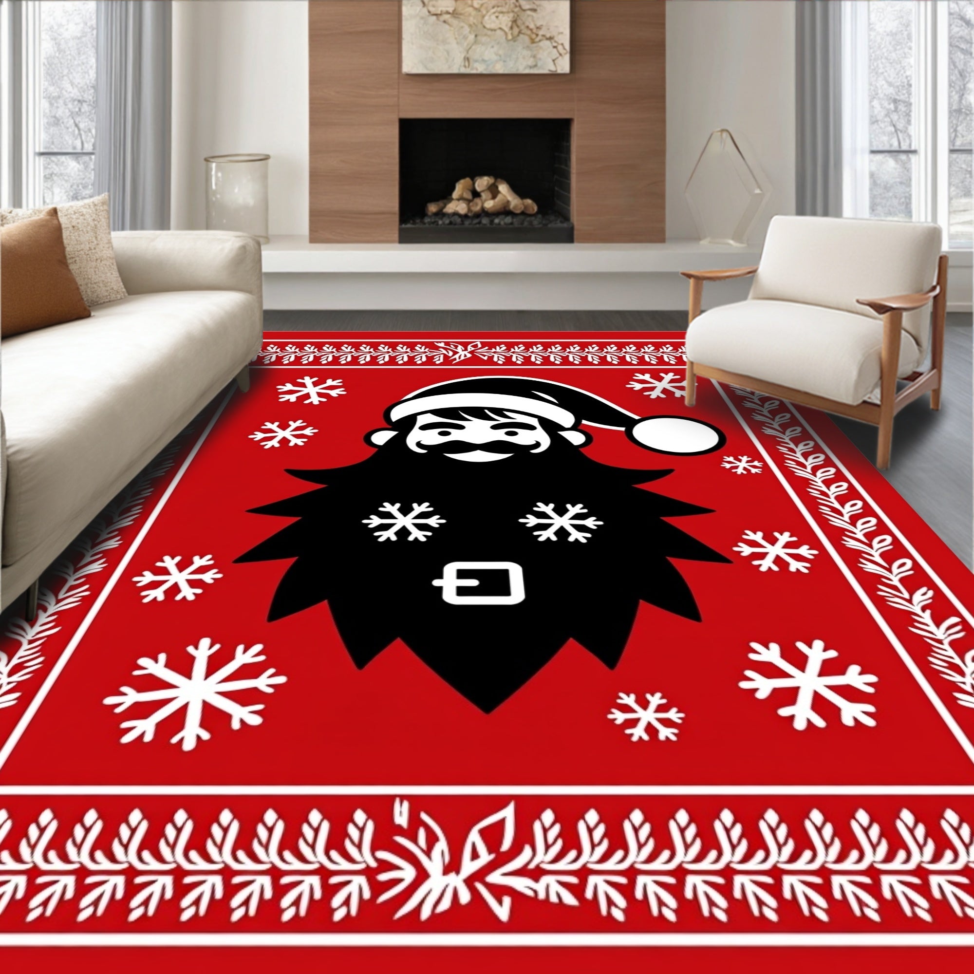 Christmas Santa Red Snowflake Border Rug