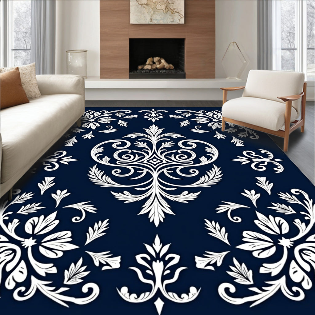White Floral Filigree Damask Pattern Rug