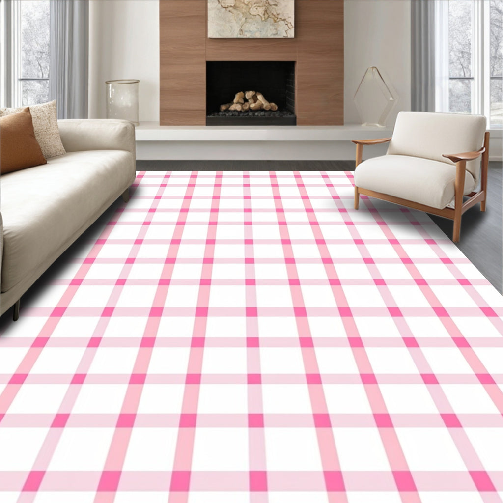 Pink And White Checked Pattern Rug