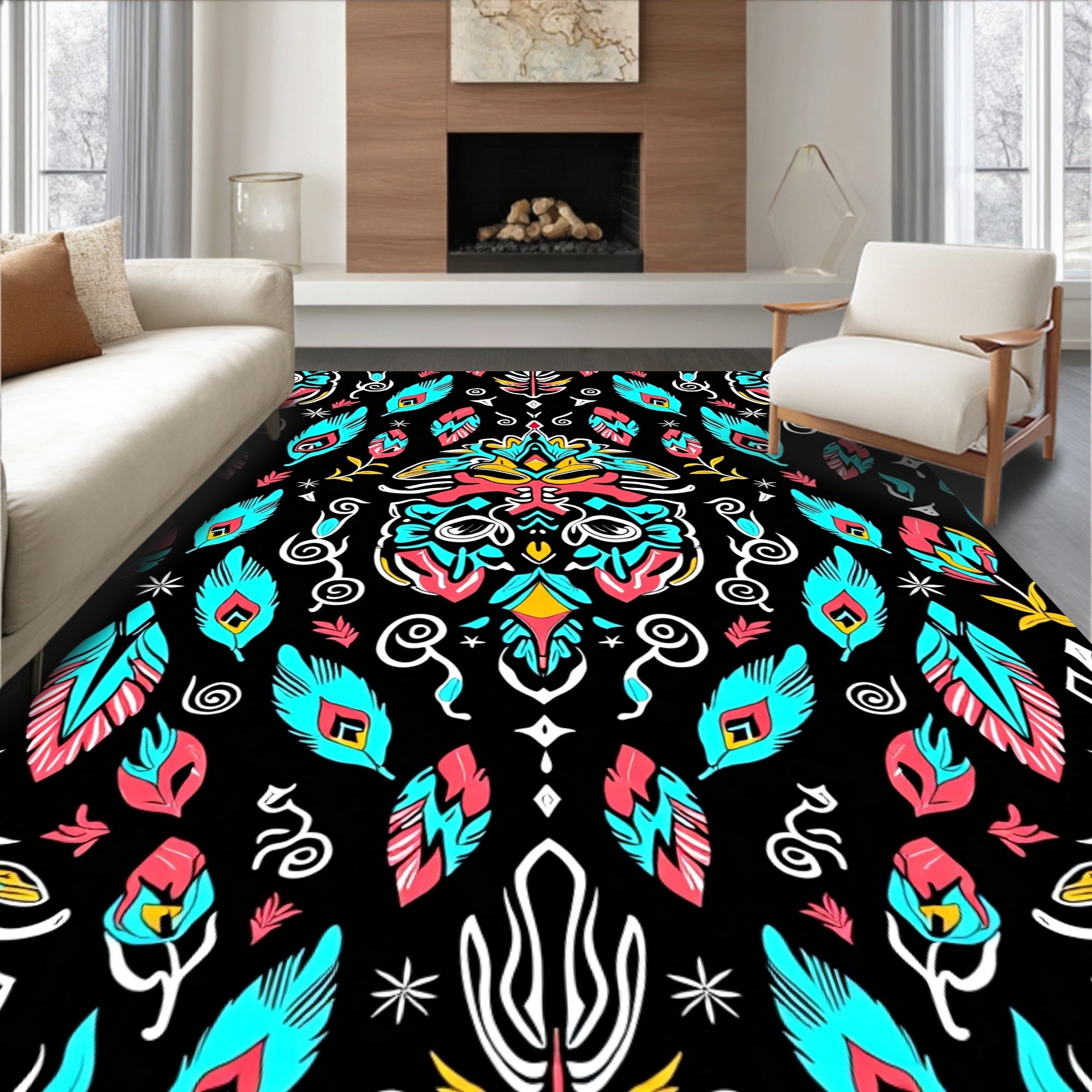 Vibrant Teal Coral Feather Pattern Rug