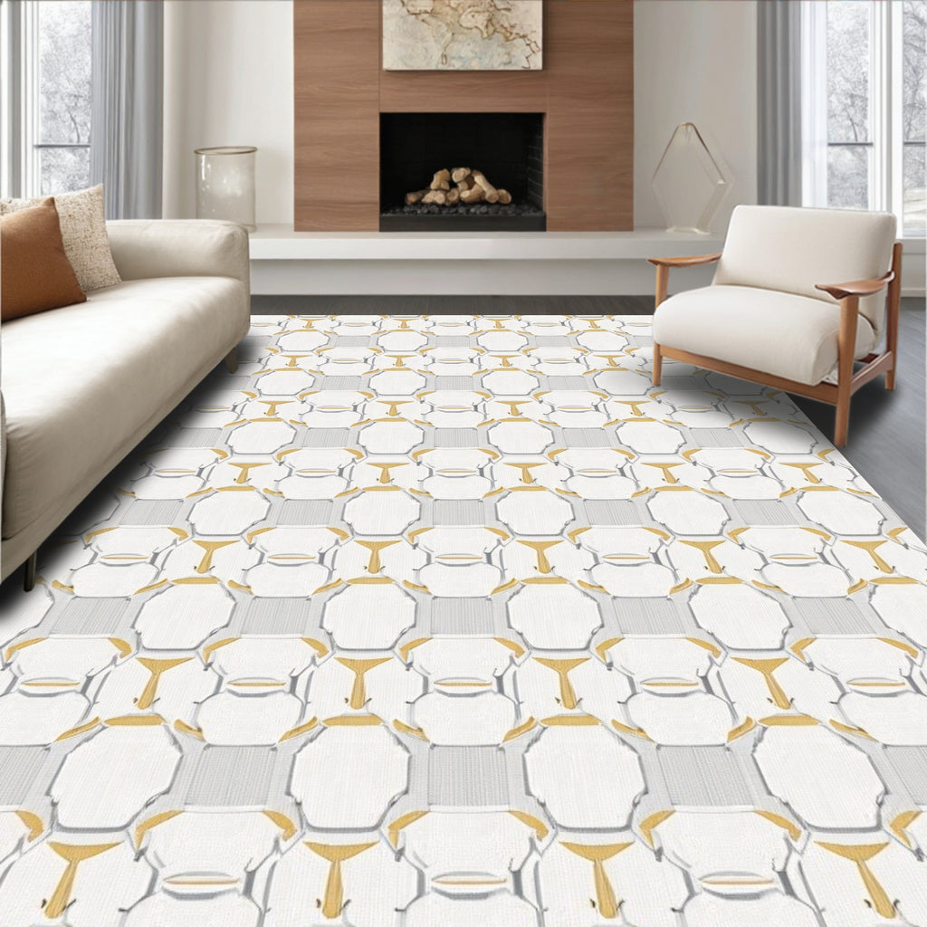 Geometric Lattice Gold Grey Pattern Rug
