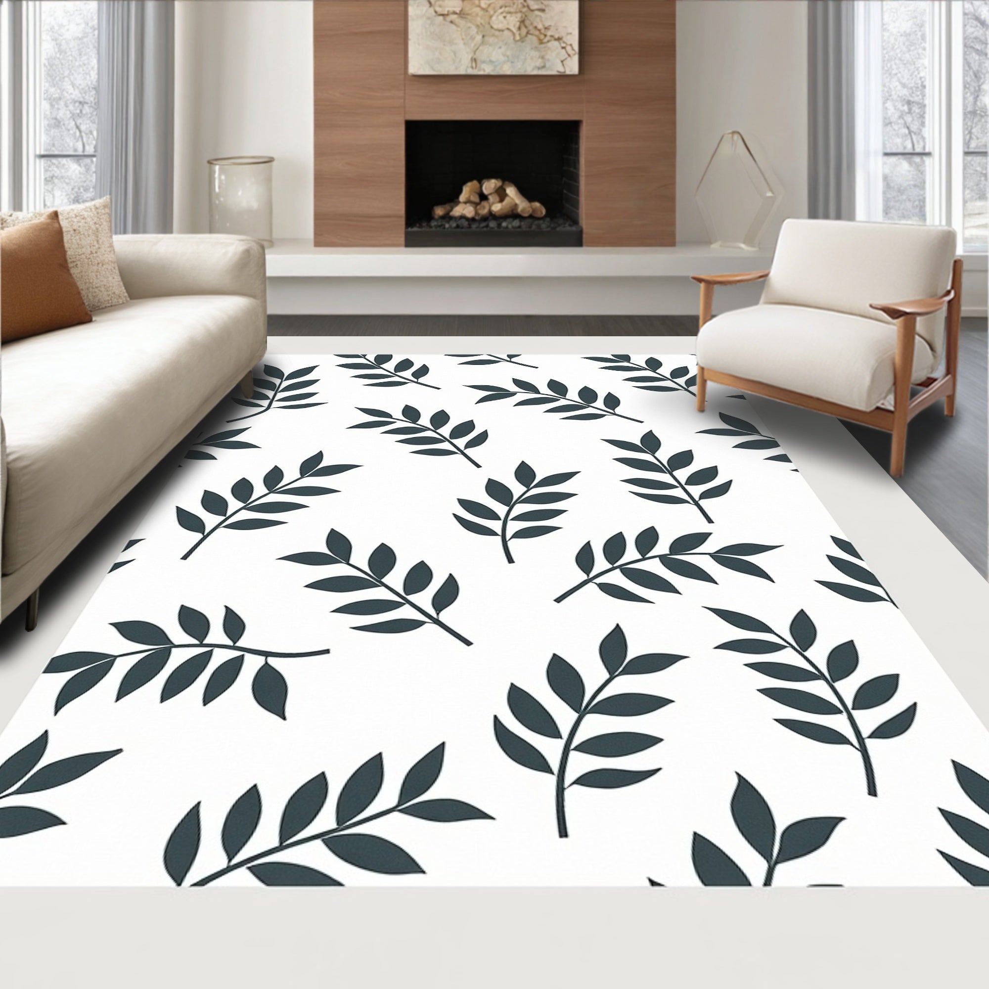 Modern Leaf Patterned Contemporary Rug