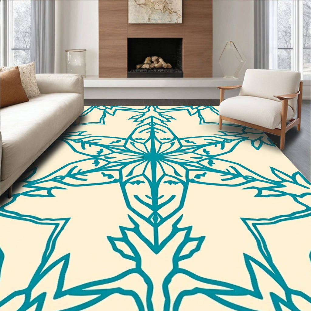 Teal Sunburst Faces Ivory Tile Rug