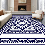 Intricate Blue White Geometric Pattern Rug