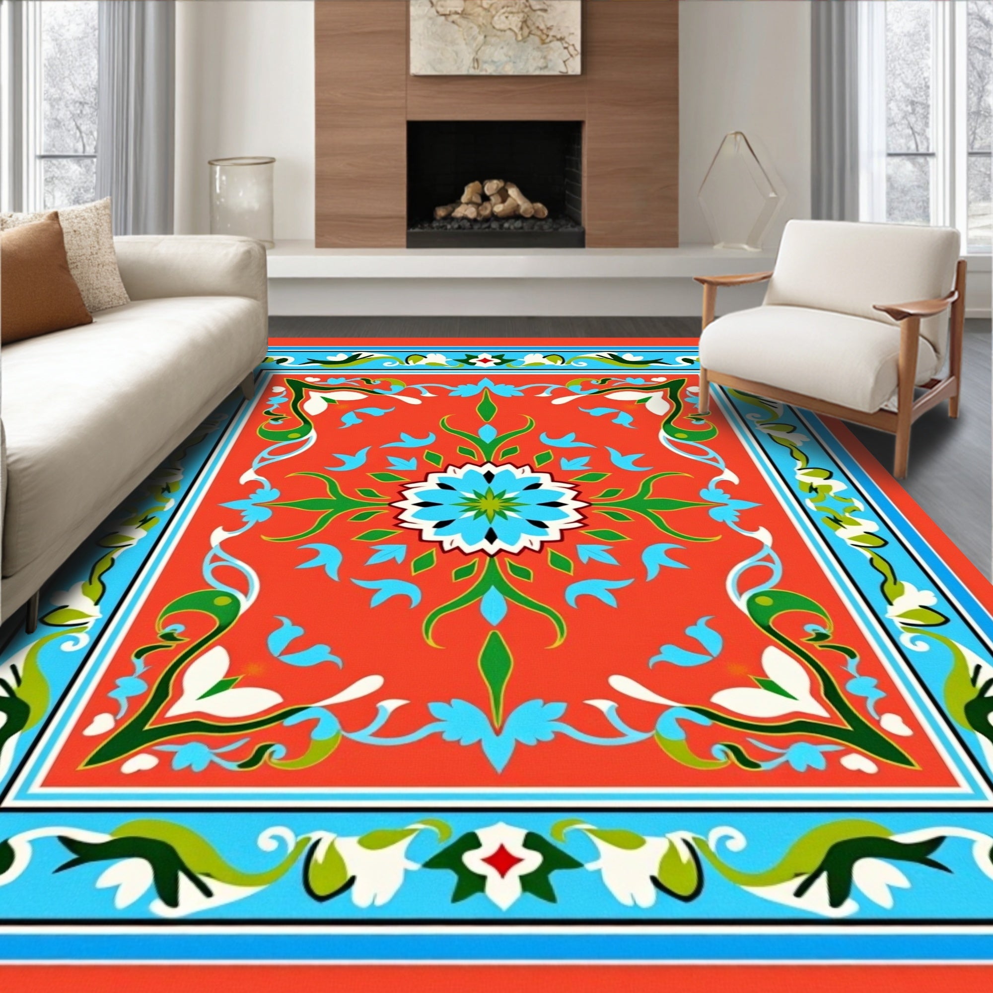 Vibrant Floral Medallion Border Rug