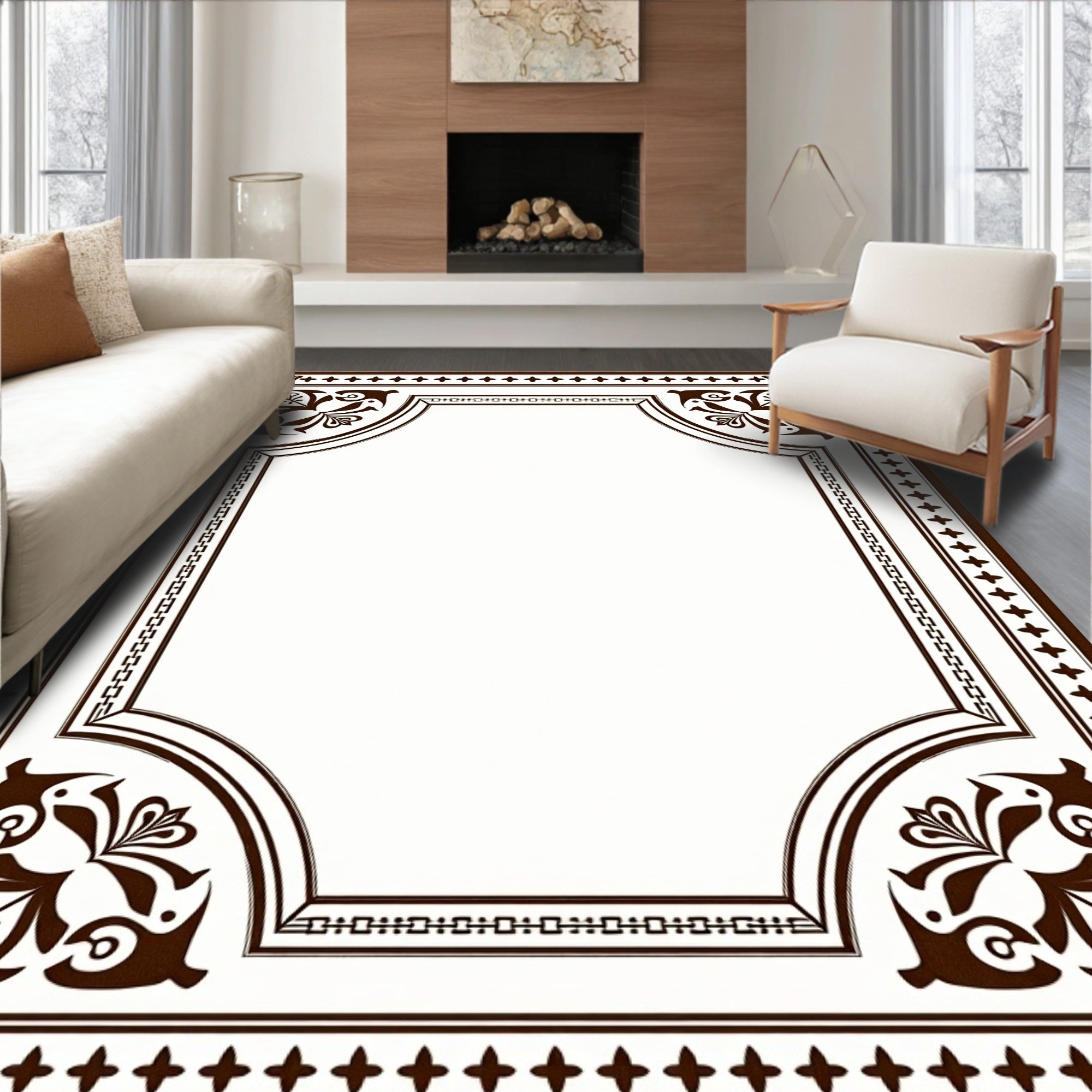Traditional Brown Floral Scrollwork Border Rug