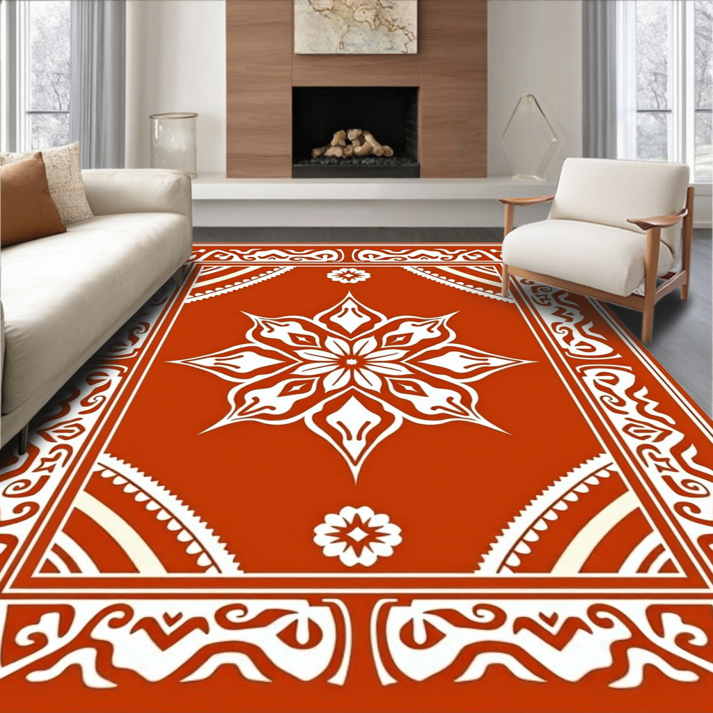 Ornate Terracotta Floral Mandala Pattern Rug