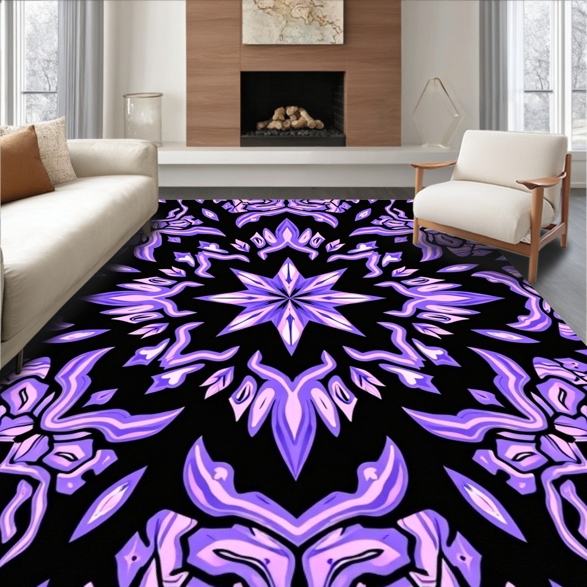 Symmetric Purple Abstract Petal Pattern Rug