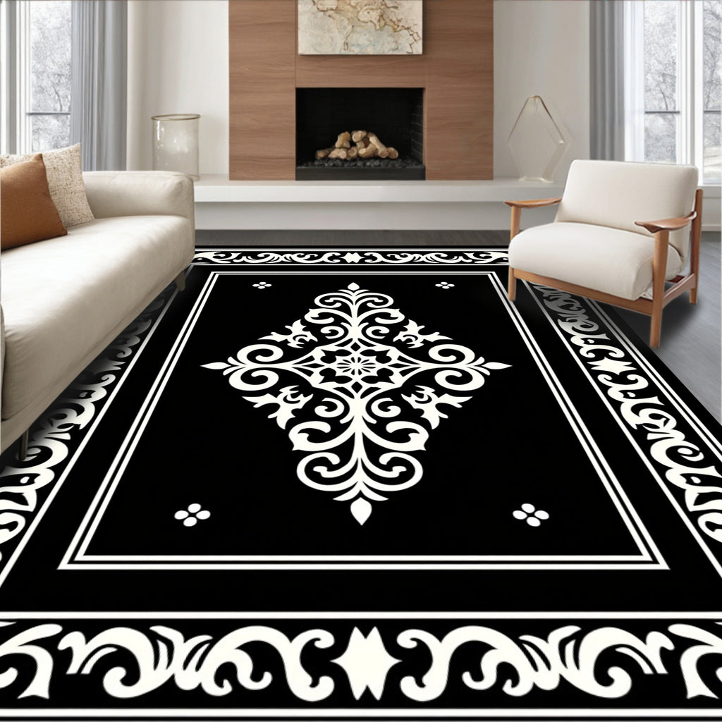 Classic Black White Arabesque Border Rug