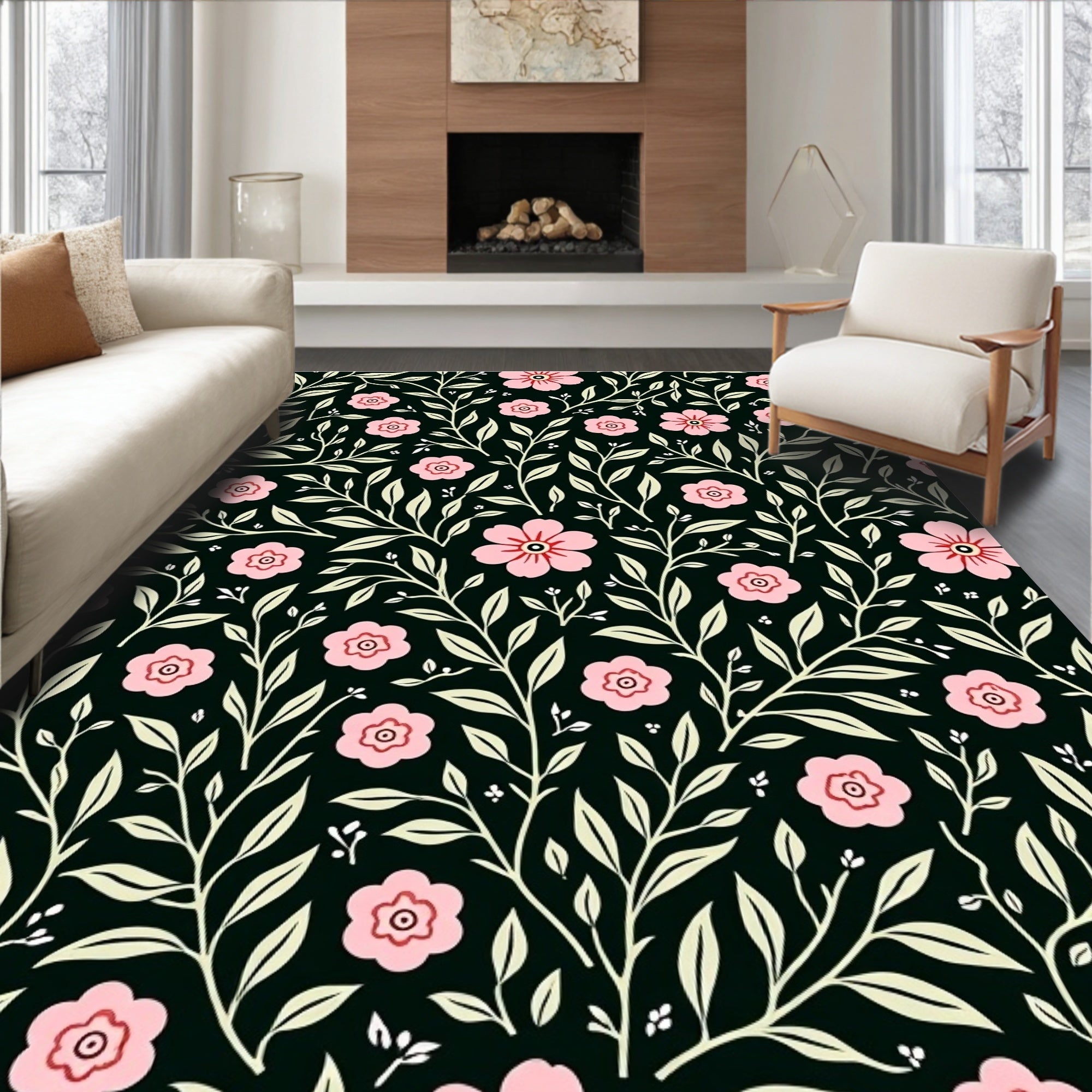 Vintage Pink Floral Vine Pattern Rug