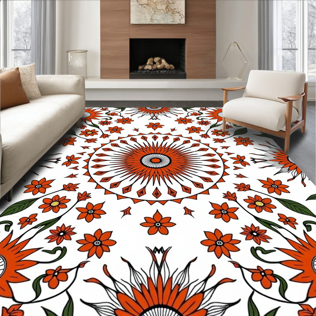 Radiant Mandala Orange Floral Design Rug