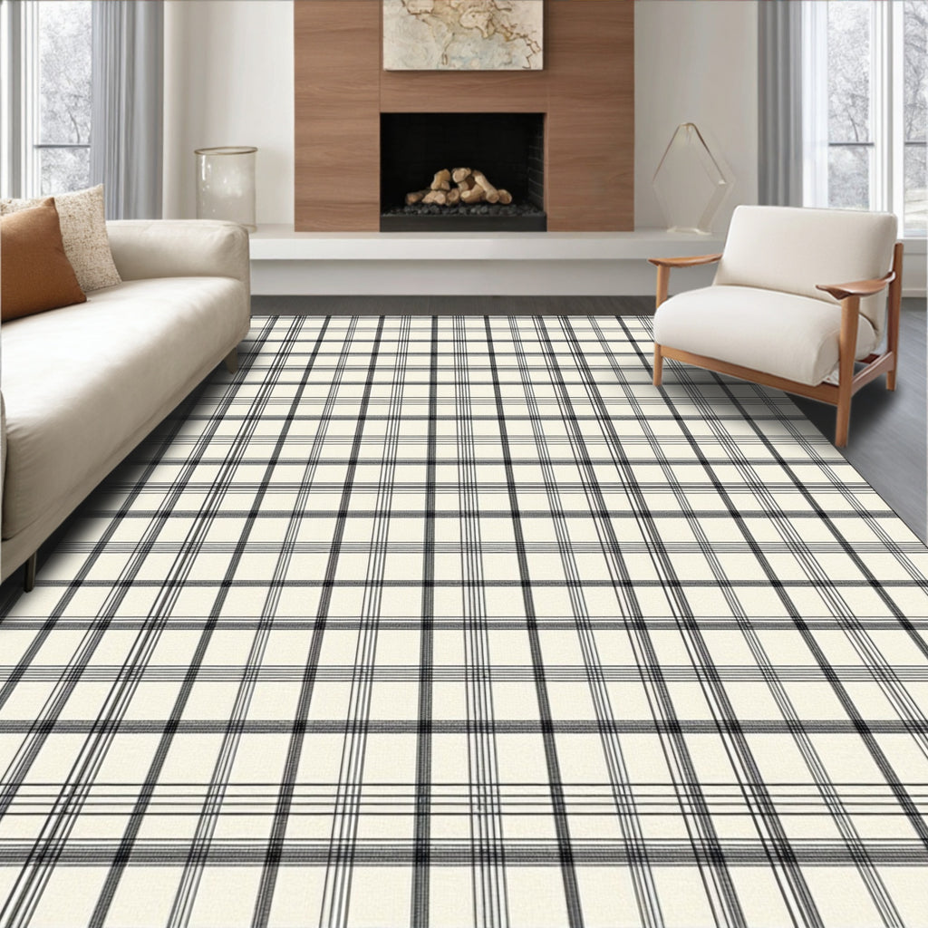 Classic Black and White Plaid Pattern Rug