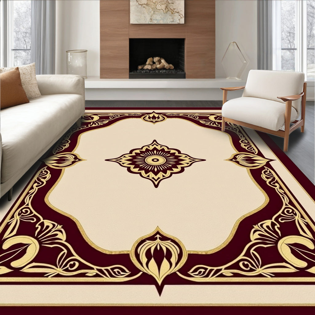 Regal Gold and Burgundy Floral Patterned Rug