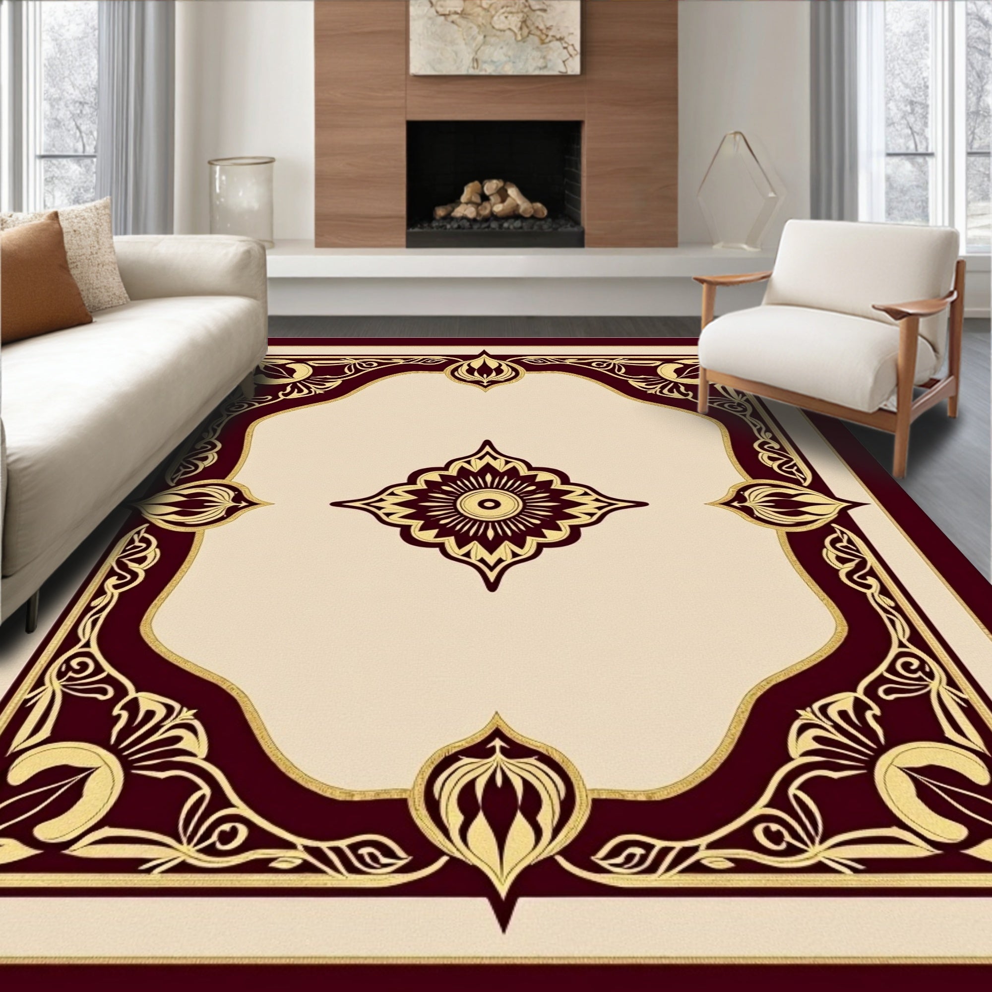 Regal Gold and Burgundy Floral Patterned Rug