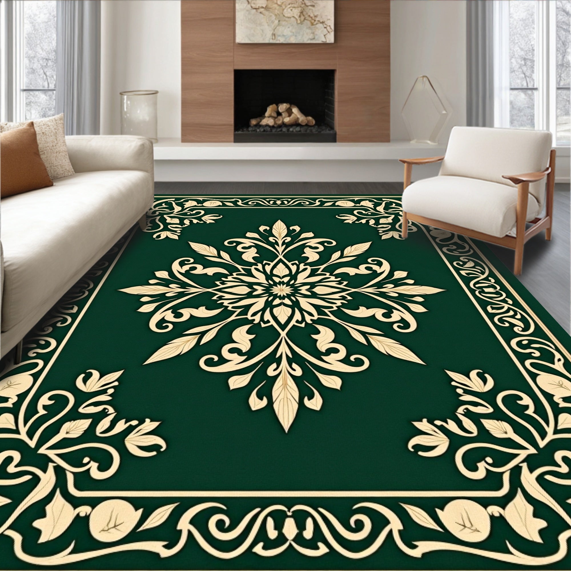 Ornate Floral Swirls Green-Gold Rug