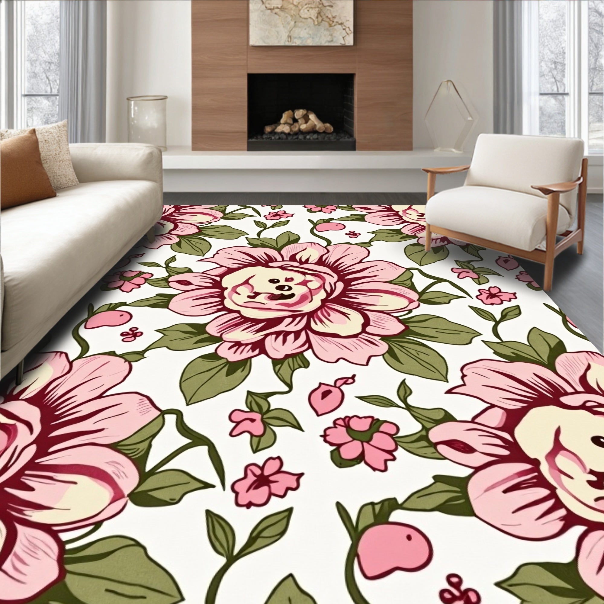 Pink Floral Whimsical Pattern Rug