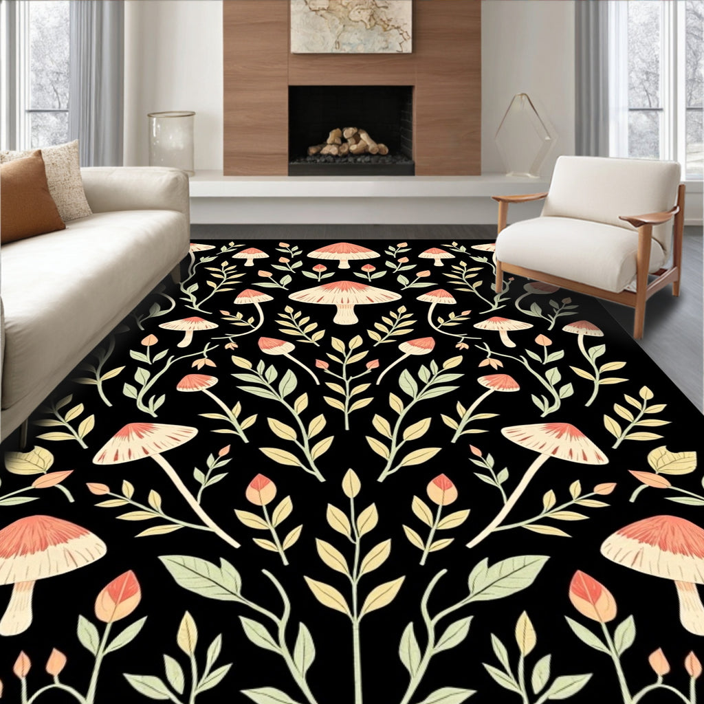 Whimsical Mushroom Leaf Pattern Rug