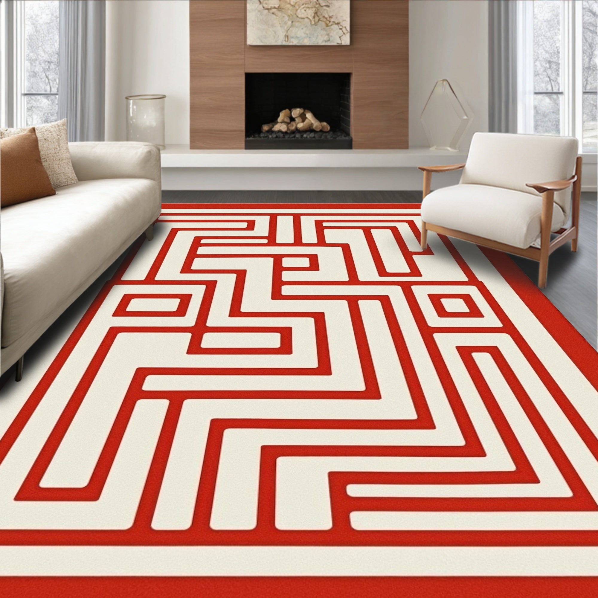 Red White Geometric Maze Pattern Rug