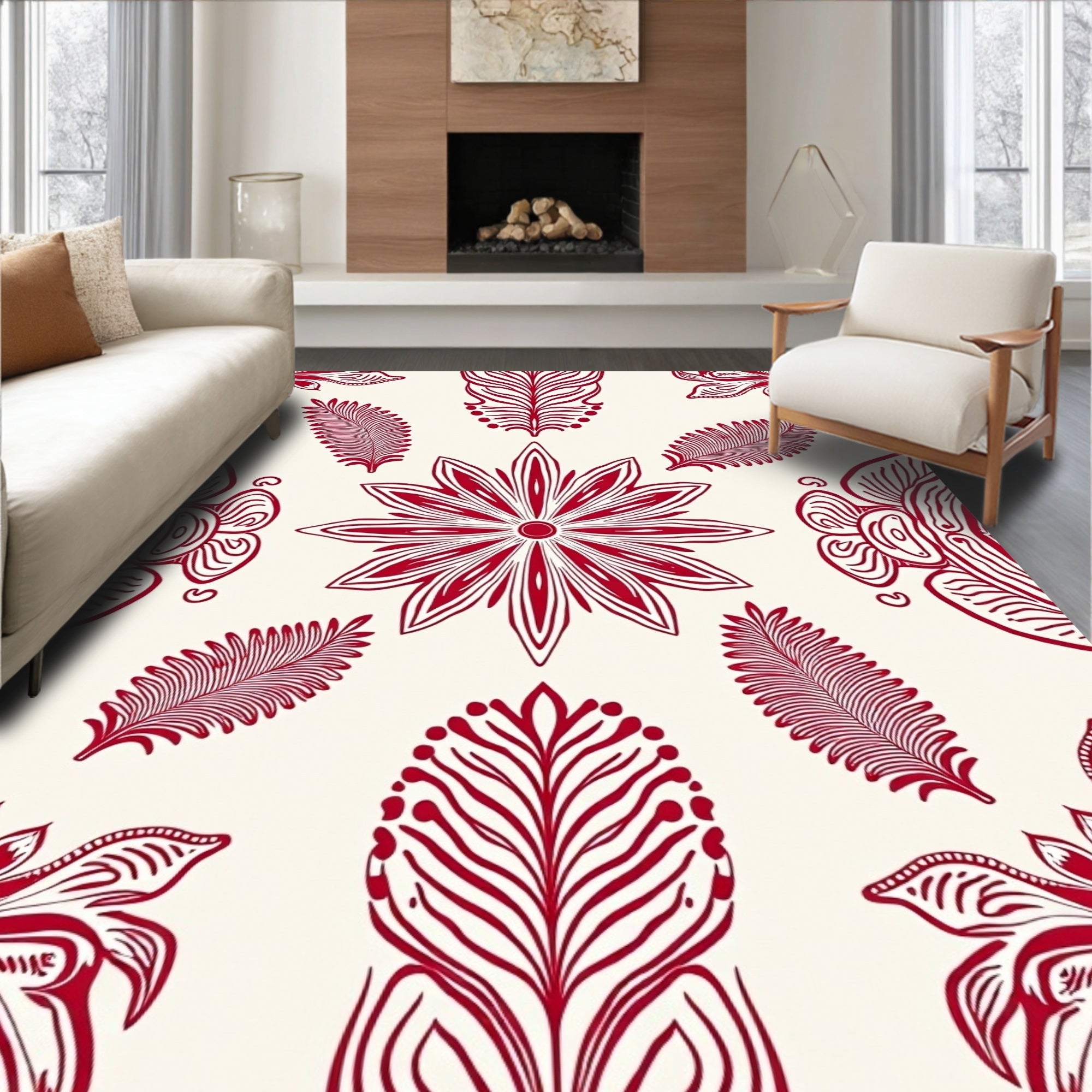 Intricate Red Floral Leaf Pattern Rug