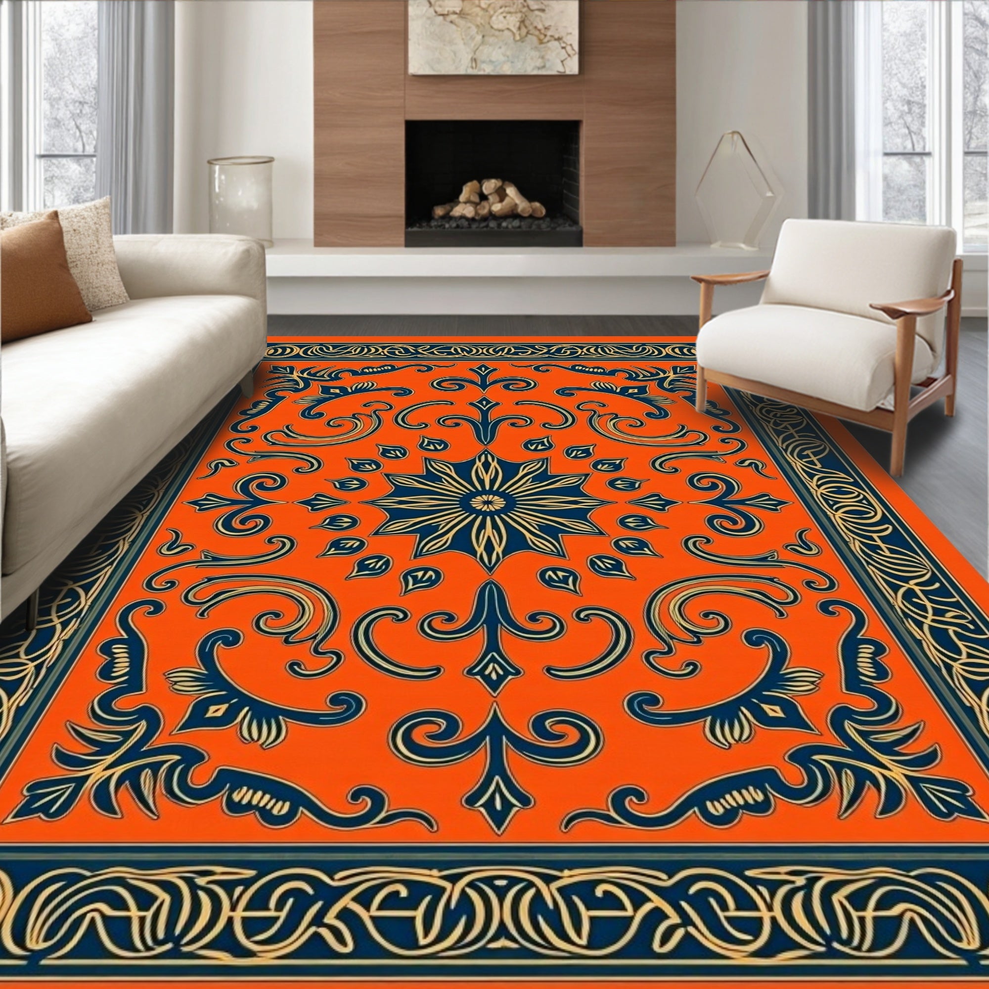 Bold Orange Blue Vintage Floral Rug