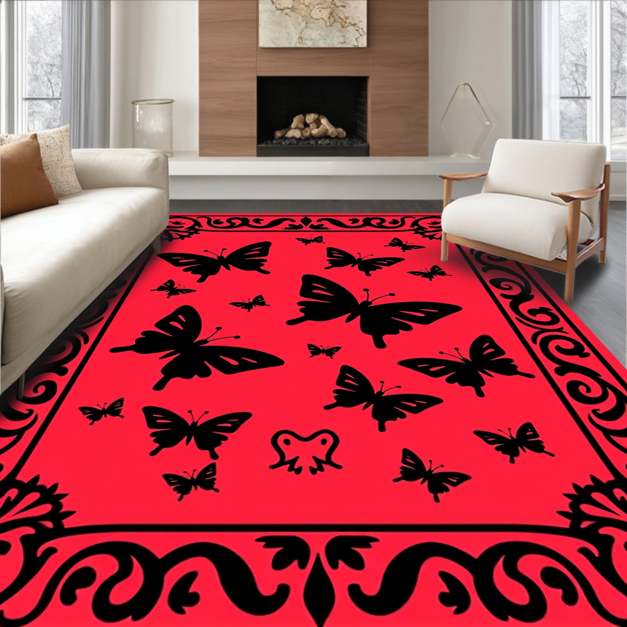 Black Butterfly Patterned Red Rug