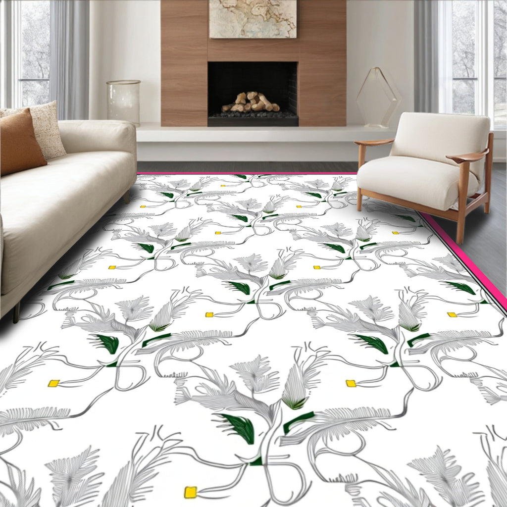 White Fern Swirl with Yellow Accents Rug