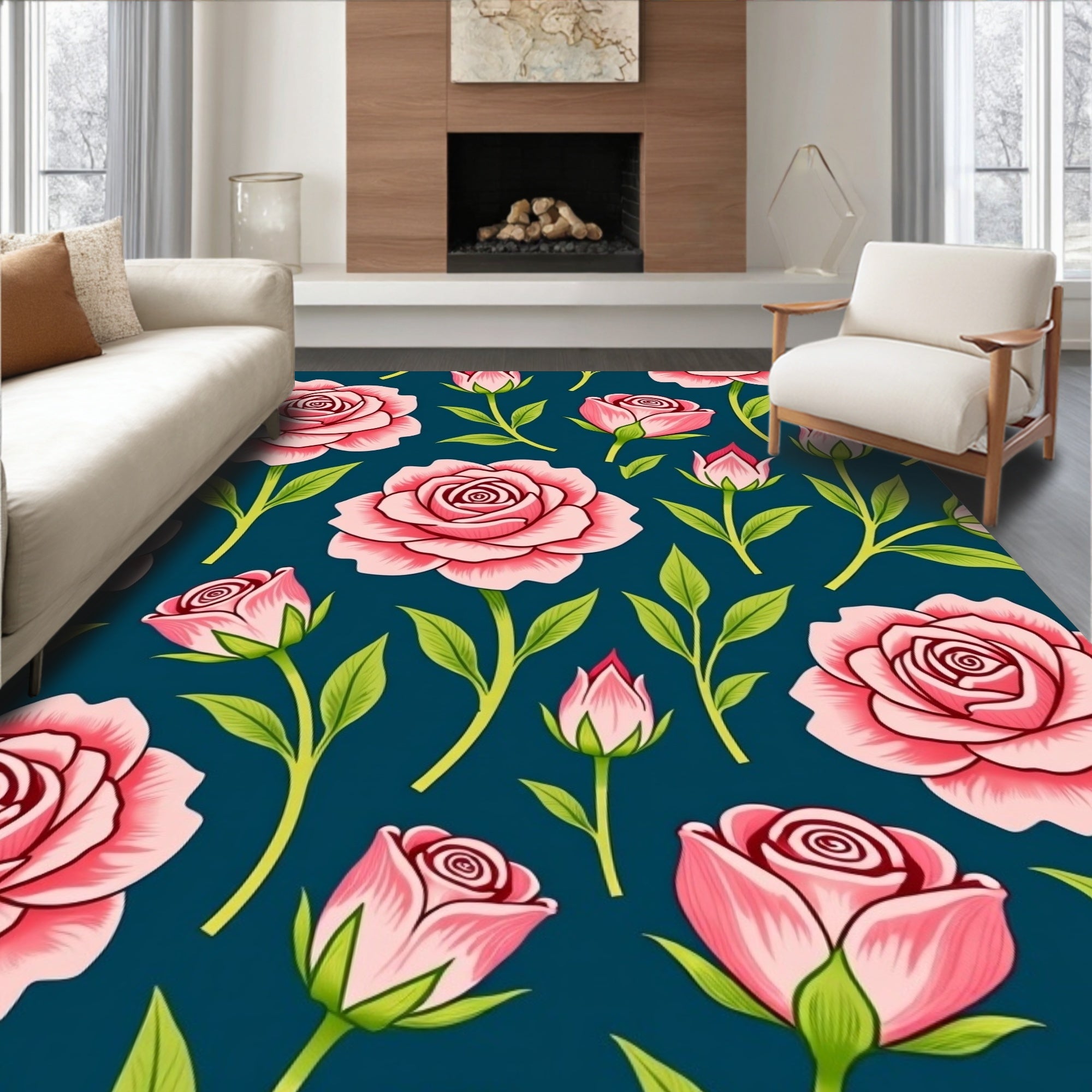 Pink Roses Floral Pattern Rug