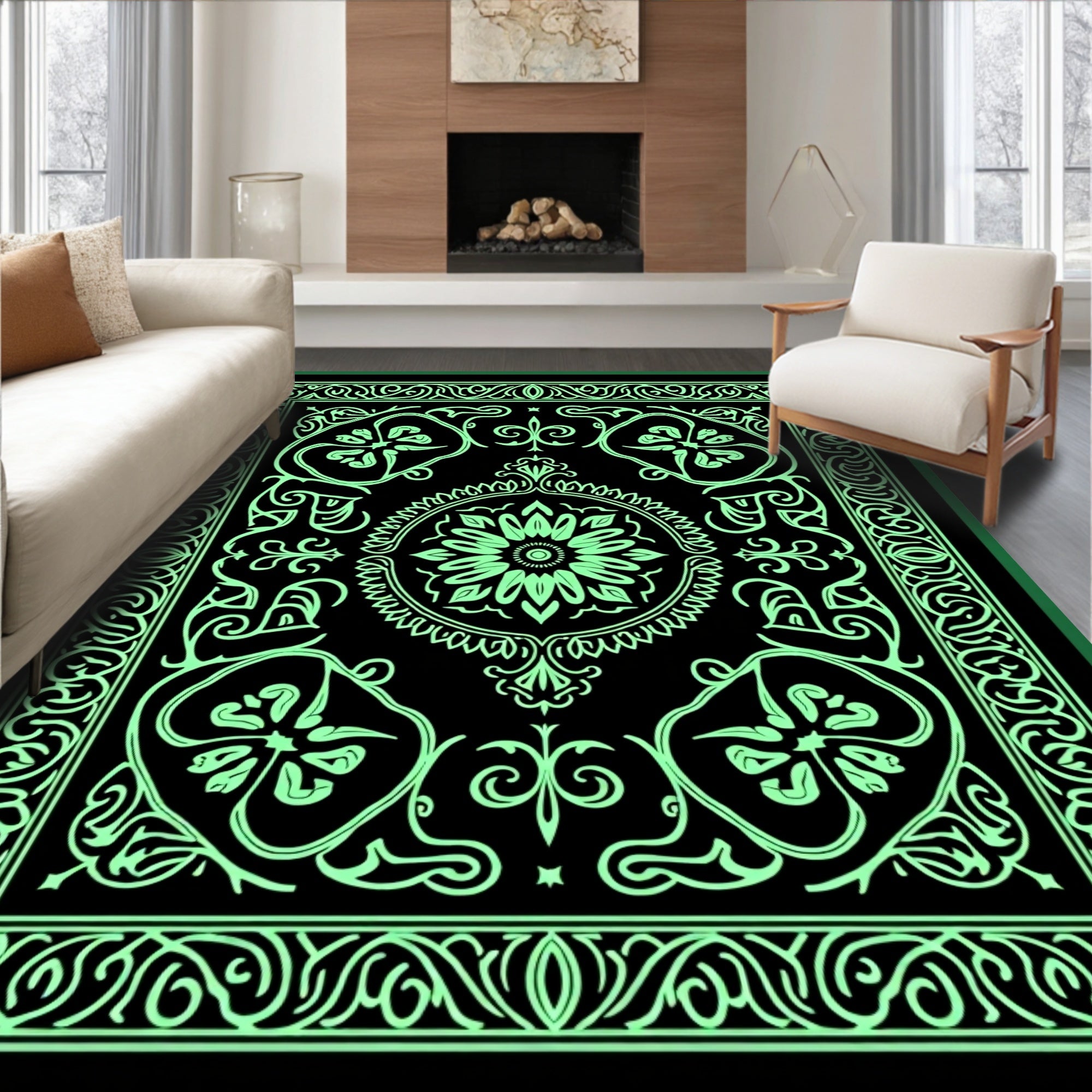 Art Deco Style Floral Border Rug