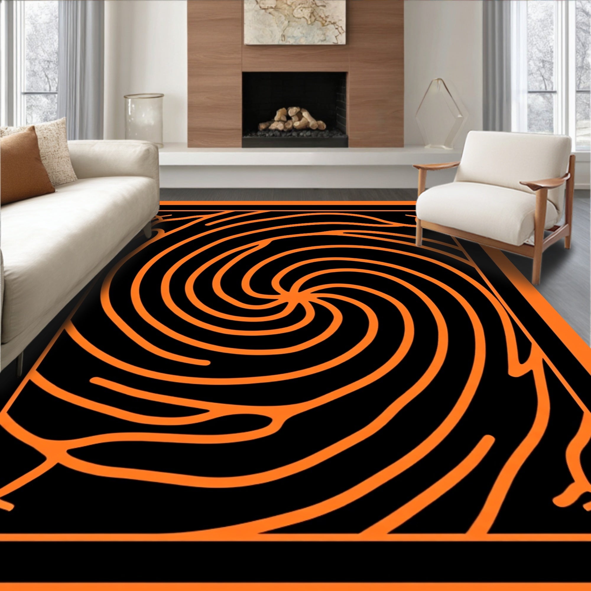 Abstract Swirl Pattern Orange Black Rug