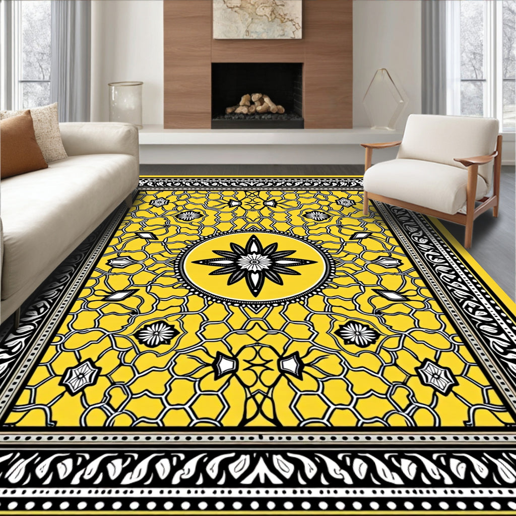 Bold Yellow Floral Geometric Pattern Rug