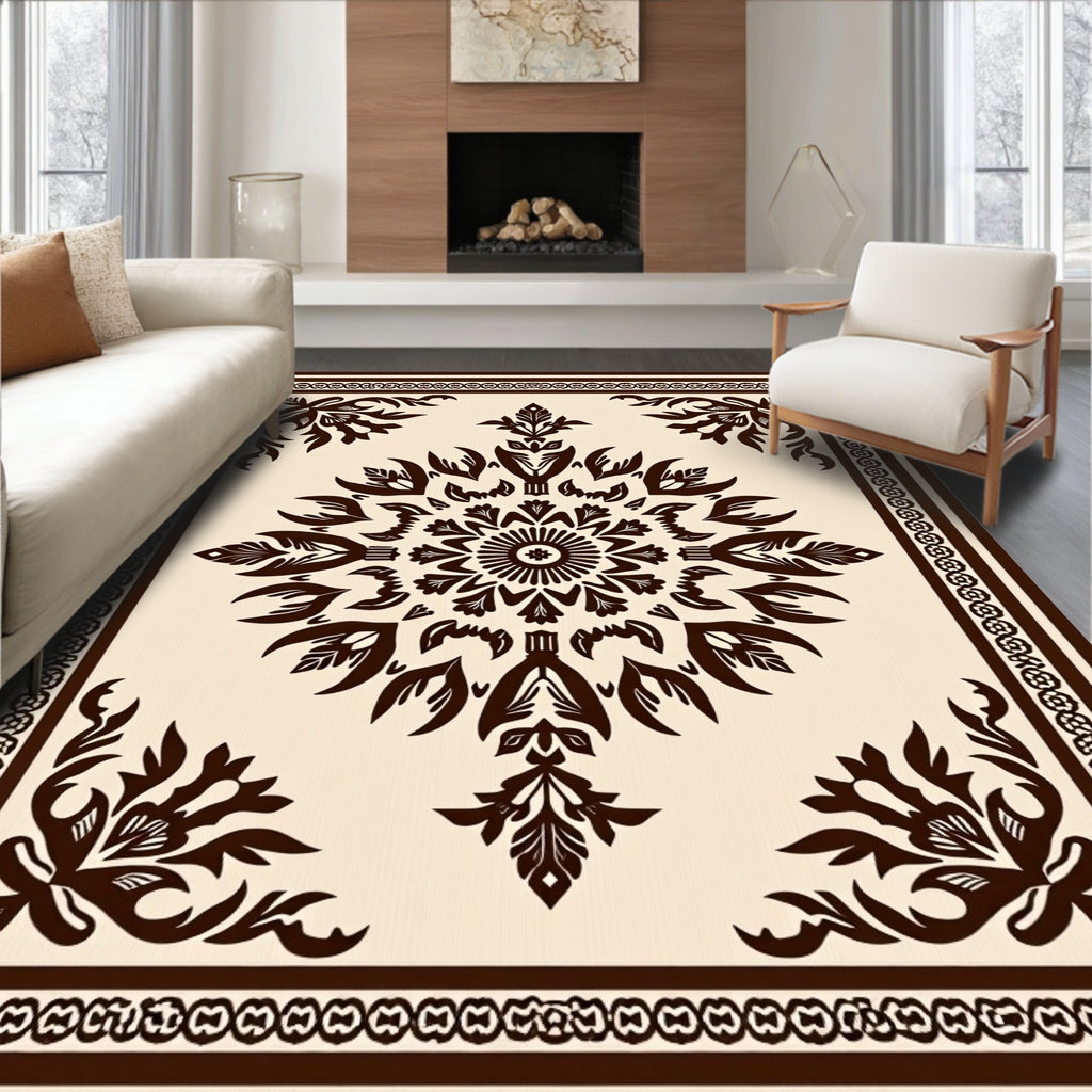 Dark Brown Floral Medallion Cream Rug