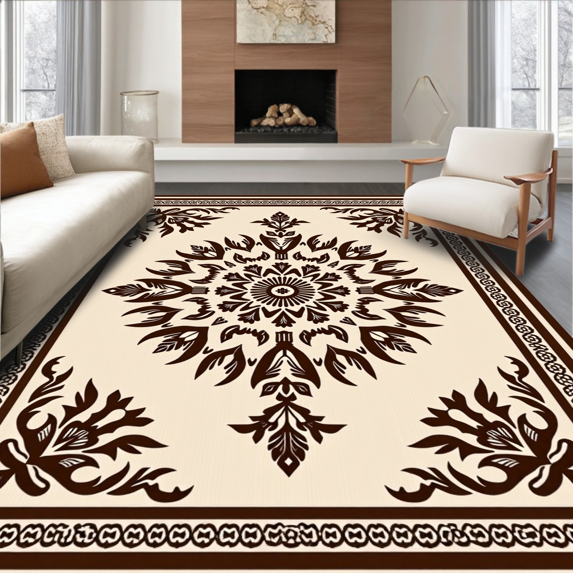Dark Brown Floral Medallion Cream Rug