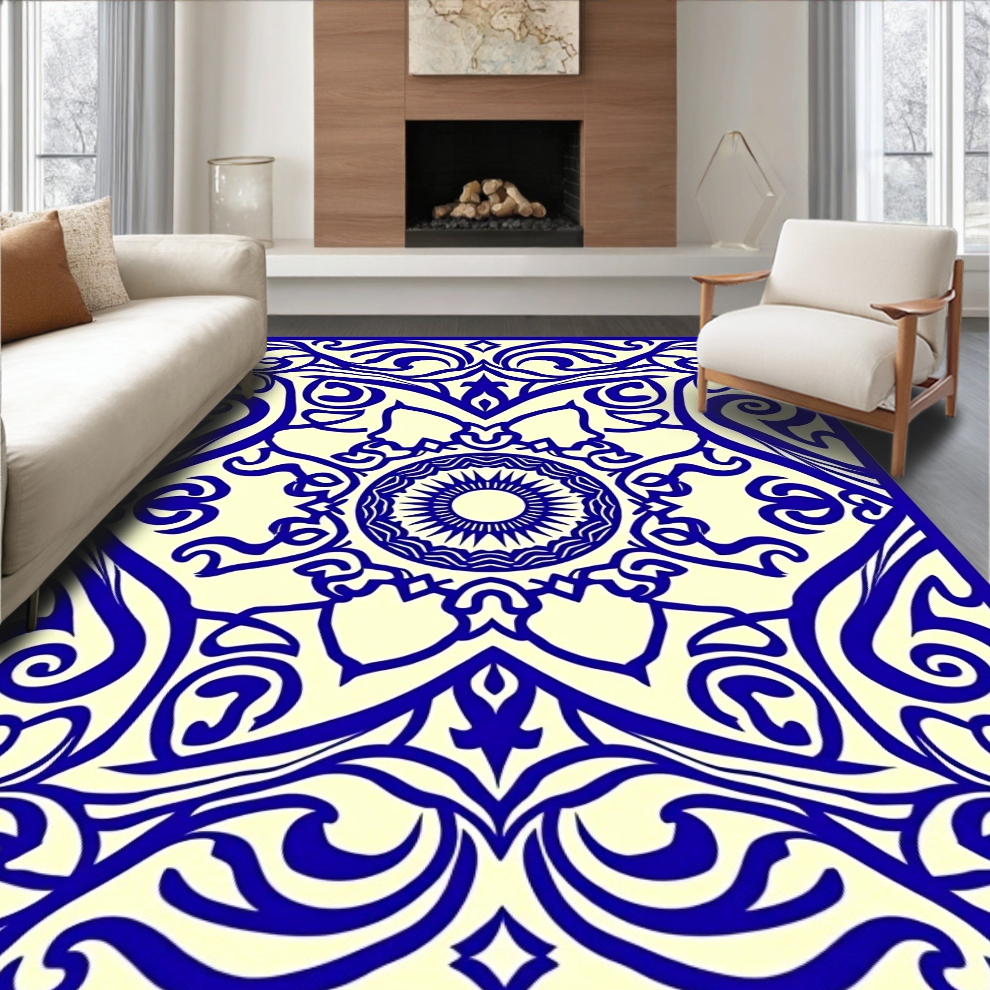 Navy Blue Intricate Floral Mandala Pattern Rug