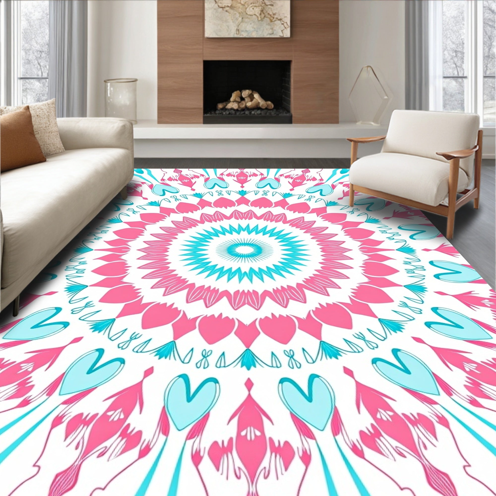 Pink Teal Mandala Pattern Rug