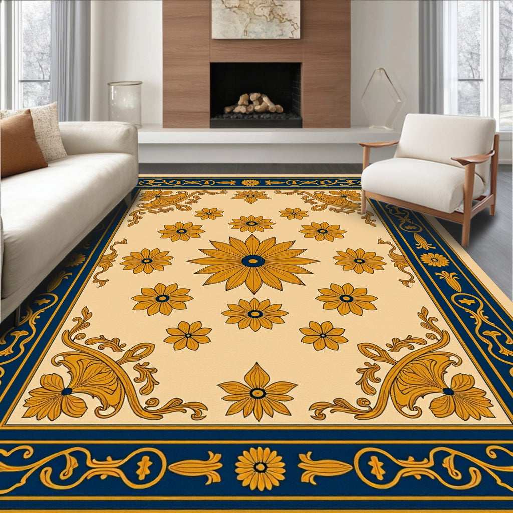 Elegant Floral Motif Blue Gold Rug