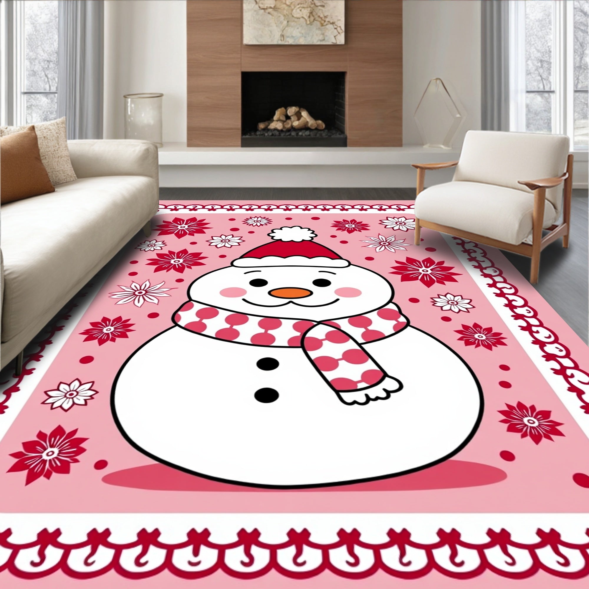 Pink Snowman Floral Holiday Frame Rug